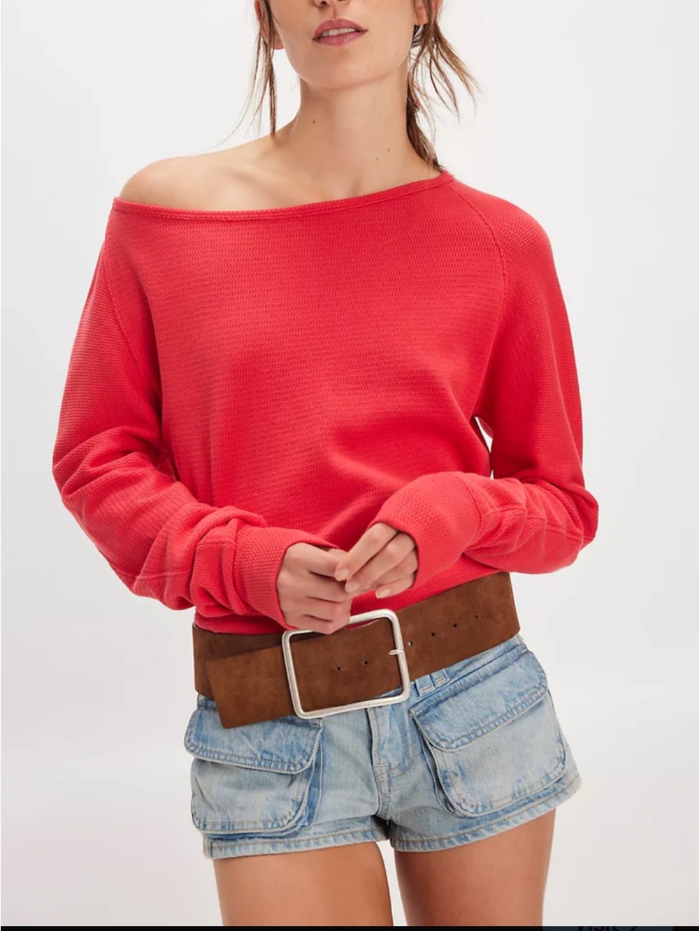 We the Free Off-the-Shoulder Lightweight Sweater in Coral Red